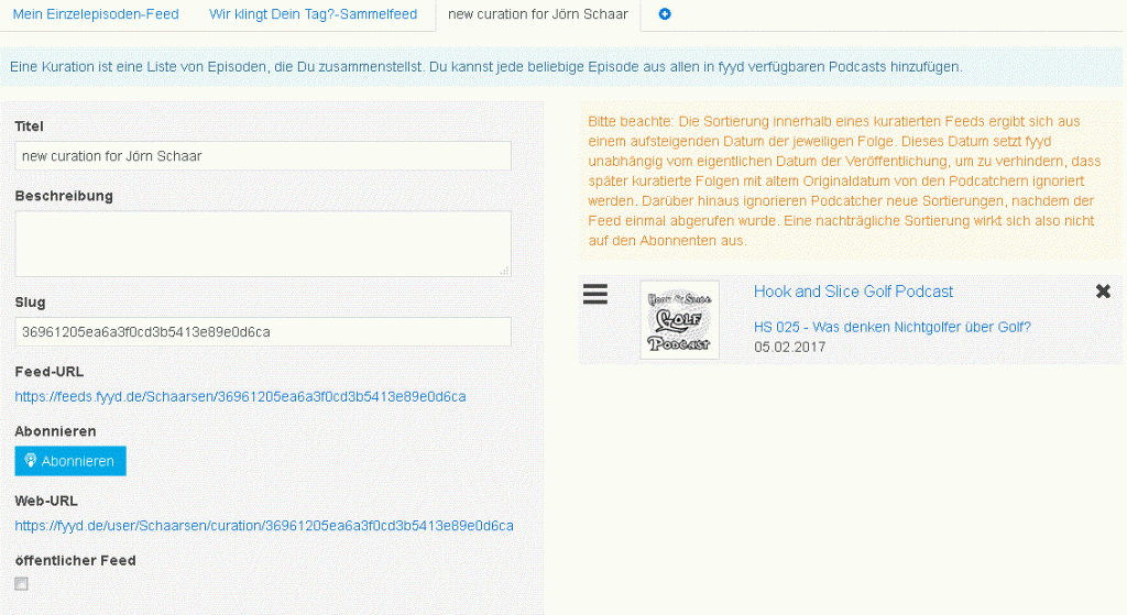 Screenshot: Eine Kuration erstellen