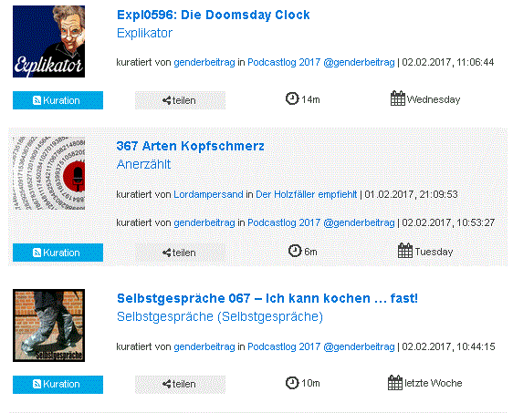 Screenshot: Verschiedene Episoden und in welchen Kurationen sie sind