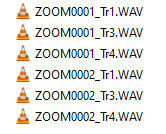 Ein Ausschnitt aus dem Screenshot meines Windows-Ordners, in dem die Audiodateien einer Podcastsitzung zu sehen sind. Es sind sechs Stück, weil wir zu dritt waren und die Aufnahme einmal unterbrochen wurde.