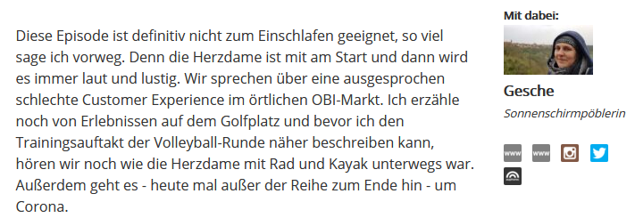 Screenshot von einem Ausschnitt der Shownotes zu Episode 310 von Jörn Schaars feinem Podcast. Das Bild zeigt die Zusammenfassung der Episode zusammen mit einem Bild meiner Frau, die darin zu Gast war.