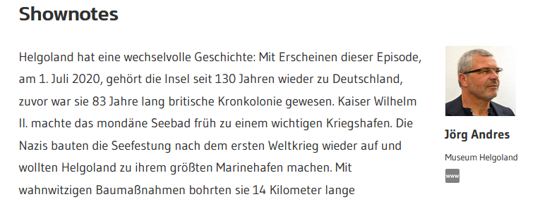 Screenshot der Shownotes von Natürlich.SH Episode 2, die sich um die Bunker unter Helgoland drehte. Zusehen ist ein Ausschnitt der Shownotes und an ihrem rechten Rand das Foto meines Gastes in dieser Episode.