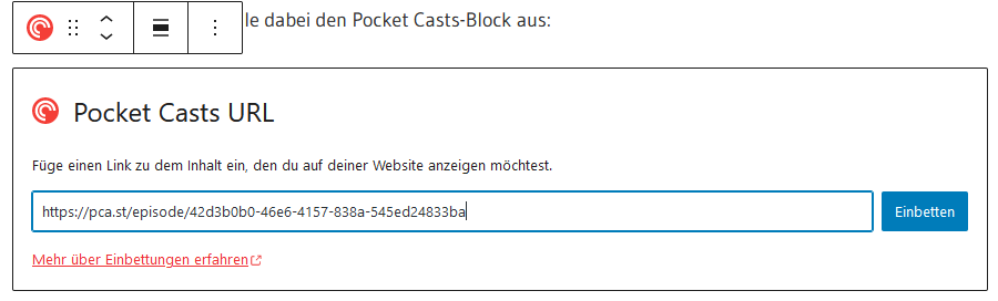 Screenshot des Einbettungsdialogs im Pocket Casts-Block für Wordpress.