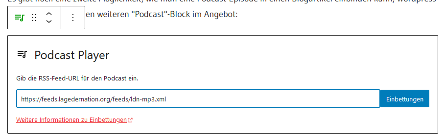 Screenshot des "Podcast Player"-Blocks, in dem man den RSS-Feed eines Podcasts eintragen kann.